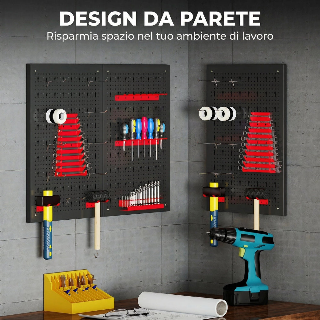 Pannelli Porta Attrezzi da Parete in Acciaio ¨C Zephmum ¨C Nero e Rosso con 9 Supporti e 16 Ganci