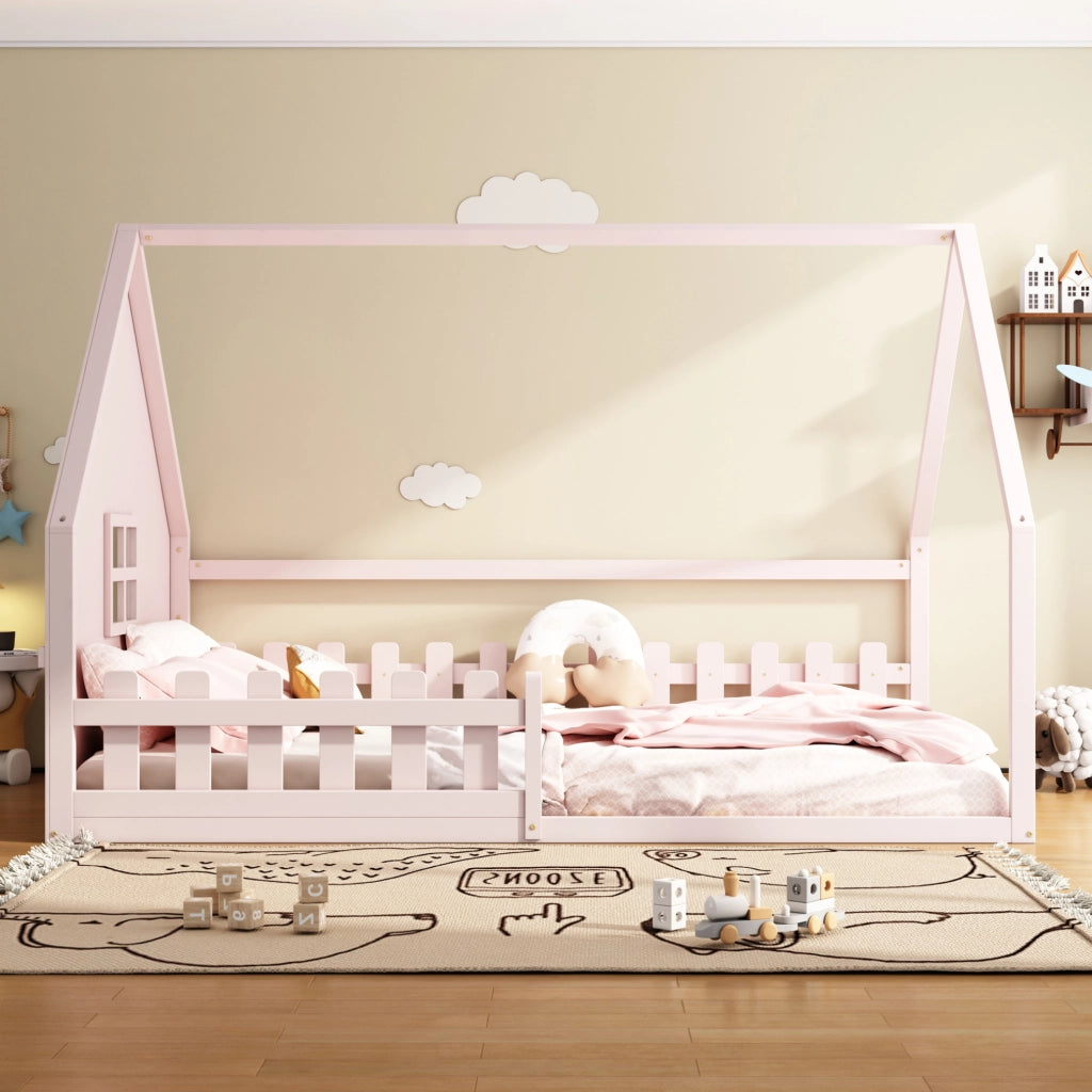 Letto per bambini a casetta 140x200 cm con spondine, in pino e MDF, rosa