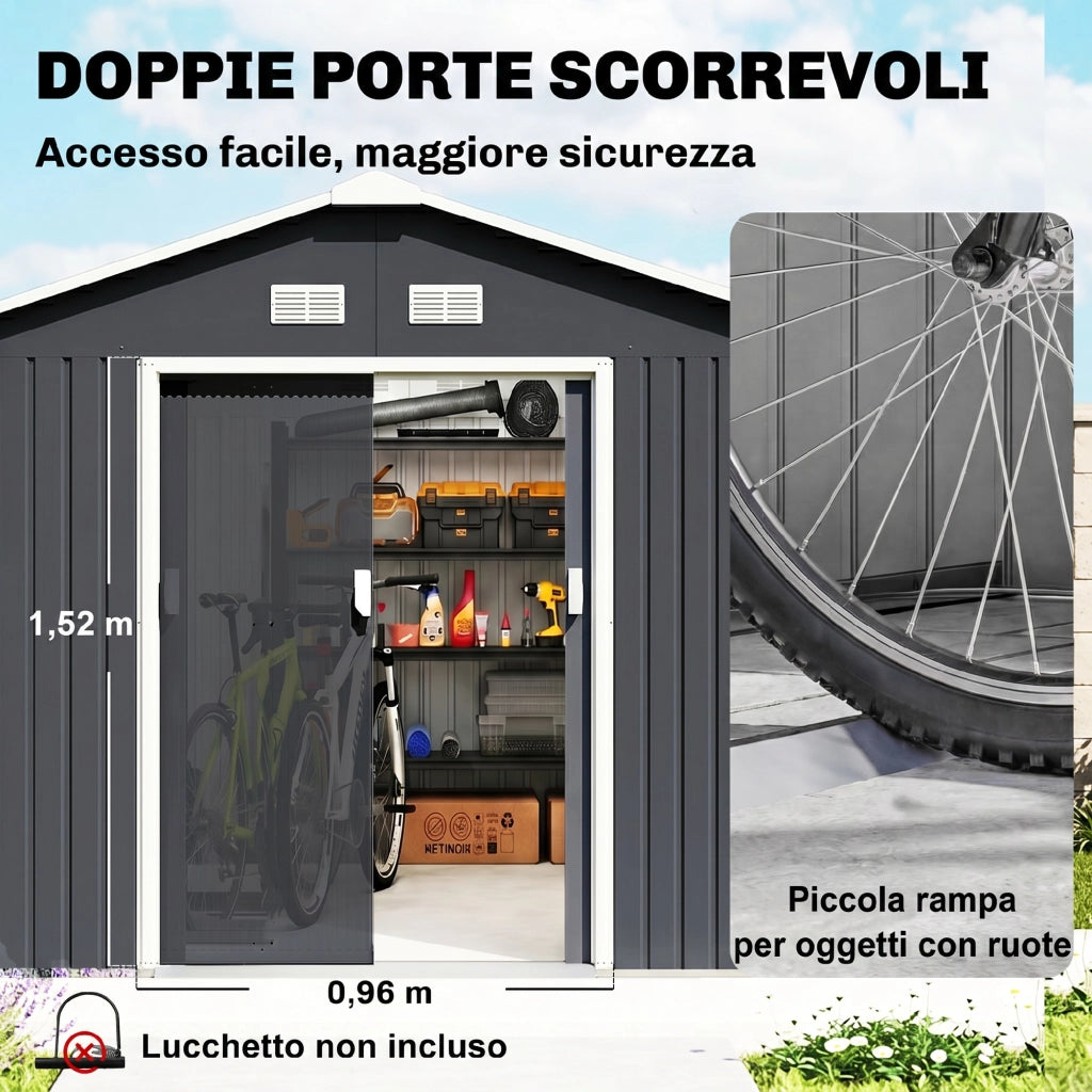 Casetta da Giardino ¨C Xylo ¨C Acciaio Grigio 322x277x192 cm con 2 Porte Scorrevoli