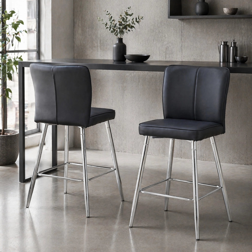 Set di 2 sgabelli da bar h 101 cm in PU nero e metallo argento, con schienale ergonomico e seduta imbottita