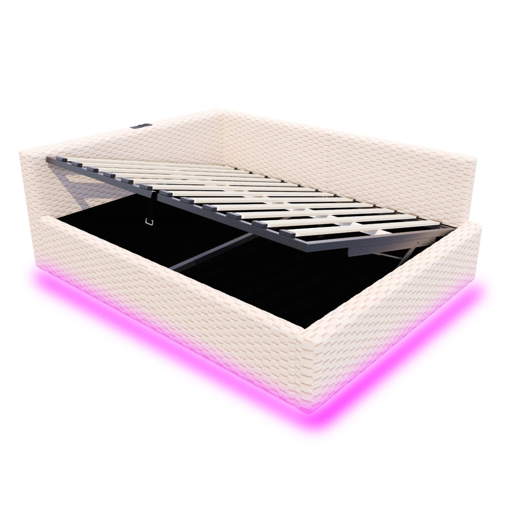 Letto imbottito 140x200 cm con contenitore, LED e porte USB/Type-C