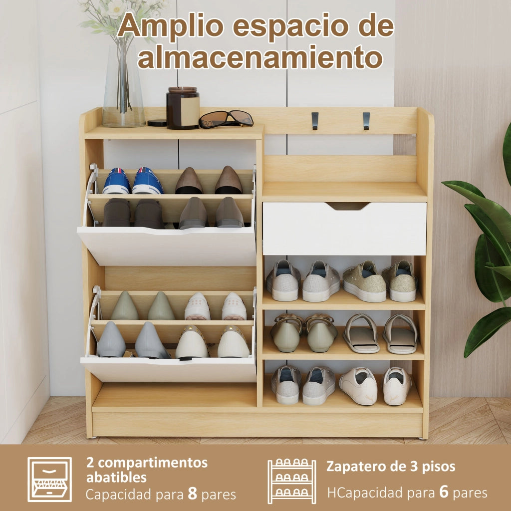 Scarpiera con cassetti e appendiabiti ¨C zephmum ¨C bianco e naturale, 4 ganci per 14 paia di scarpe