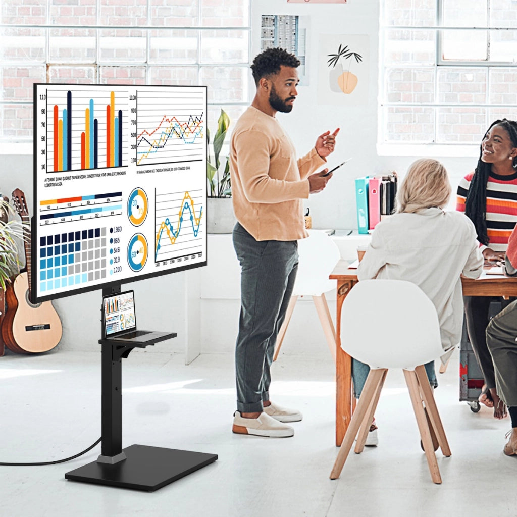 Supporto TV da pavimento con presa di corrente in altezza e inclinazione, Supporto TV universale per TV con ripiano av regolabile Nero
