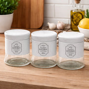 TRIS BARATTOLI IN VETRO E ACCIAIO BIANCO CON SCRITTE NERE 700ML - 11.5x14 CM