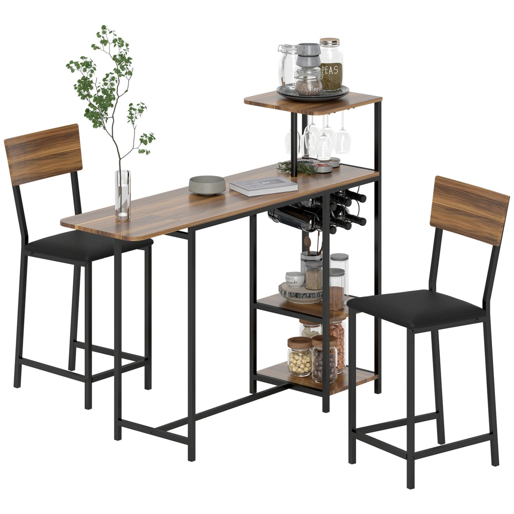 Set Tavolo da Pranzo Pieghevole con Portabottiglie e 2 Sgabelli ¨C Xylo ¨C Metallo Nero Legno Marrone