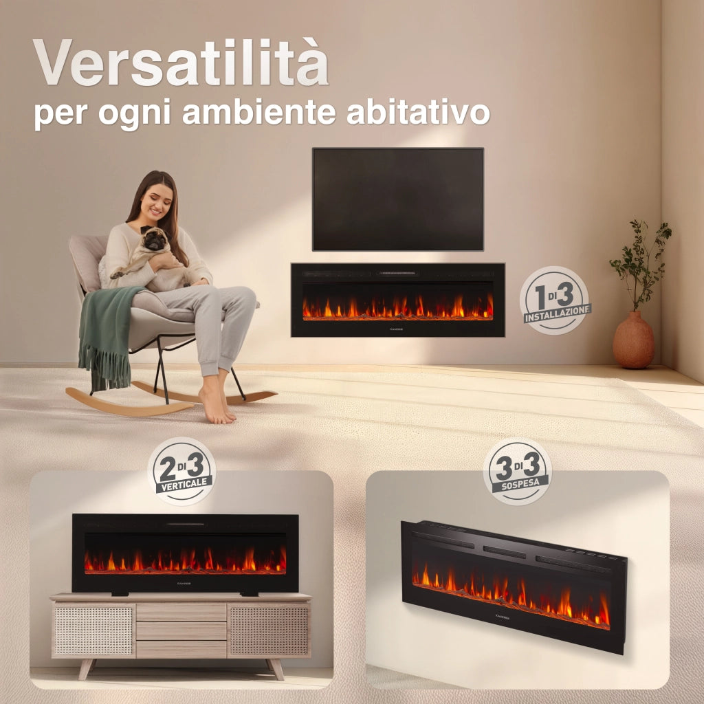 KAMINIO Camino elettrico MARLON - Camino elettrico 3 in 1 con riscaldatore, effetto fiamma 3D, 12 colori di fiamma, telecomando - 50 pollici