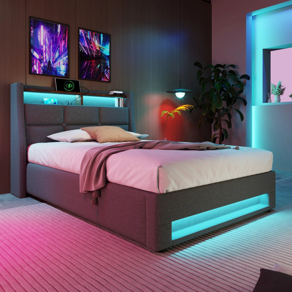LETTO Imbottito 90x200 cm con USB e LED, tessuto lino grigio