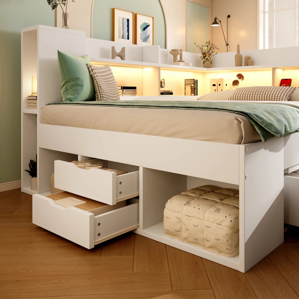 Letto a giorno 140x200 cm con LED; USB e Type-C; bianco; con ripiani e cassetti