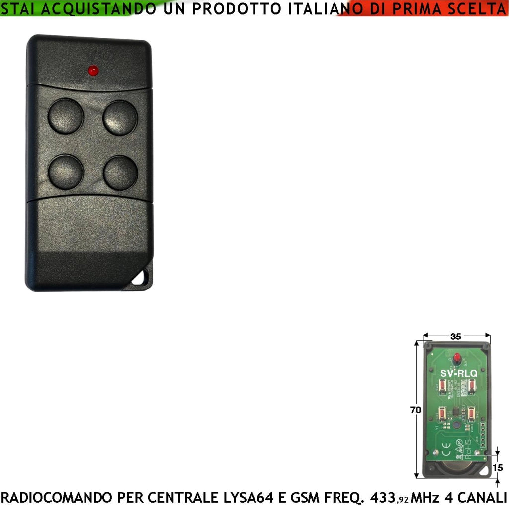 Telecomando 4 Canali Frequenza 433,92 MHz Per Inserimento e Disinserimento Totale e Parziale Sistema di Allarme Lysa64 e Lysa GSM Sydra Come Giorno Notte Rolling Code Anticollisione Antiannebbiamento