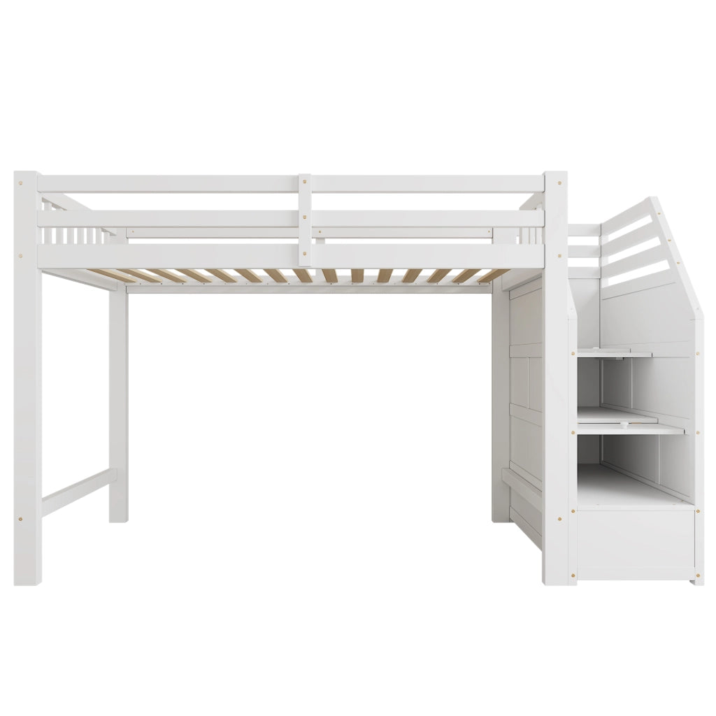 Hochbett per bambini 90x200 cm, in legno di pino, con sponde di protezione, scala con contenitore, rete a doghe, bianco