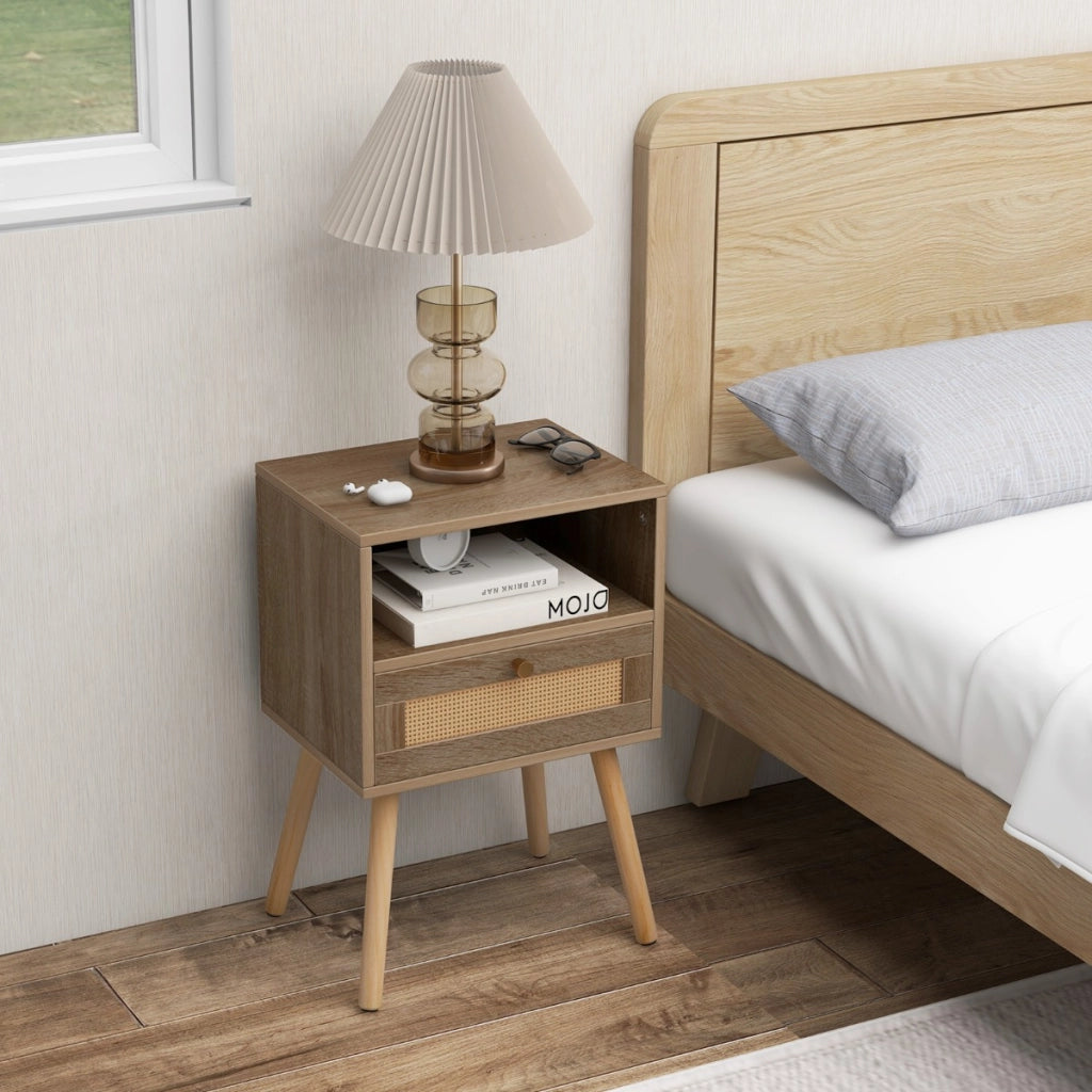 Comodini in rattan con cassetto tavolini laterali stile boho da letto, Comodini in legno per soggiorno Naturale-Comodini