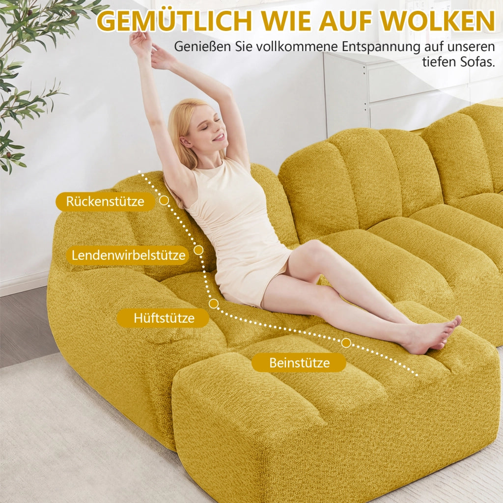 Divano modulare angolare 4 posti con chaise longue e pouf; in fleece granulare giallo