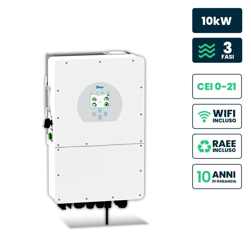 V-TAC Inverter Fotovoltaico Deye Trifase Ibrido ALTA TENSIONE On-Grid/Off-Grid 10kW CEI 0-21, Schermo LCD Touch a Colori, Smart Meter Integrato, WiFi e TA, Garanzia 10 Anni IP65 SKU-12168