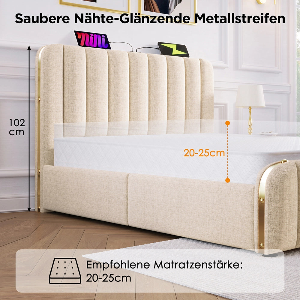 Letto imbottito con 4 cassetti - Xylo - 140x200 cm - Beige - Testiera imbottita doppia con carica USB-C