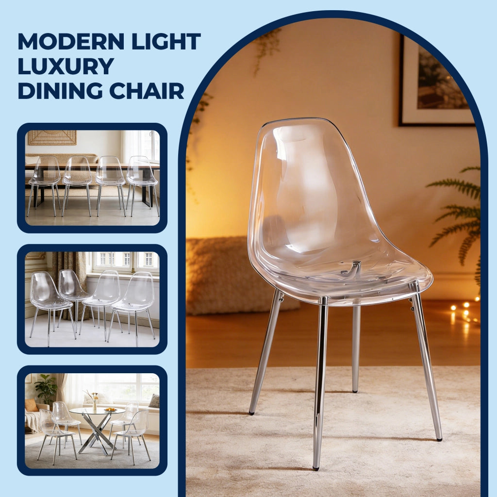 Sedia da pranzo in acrilico trasparente con gambe metalliche staccabili, design moderno argento per casa e ufficio