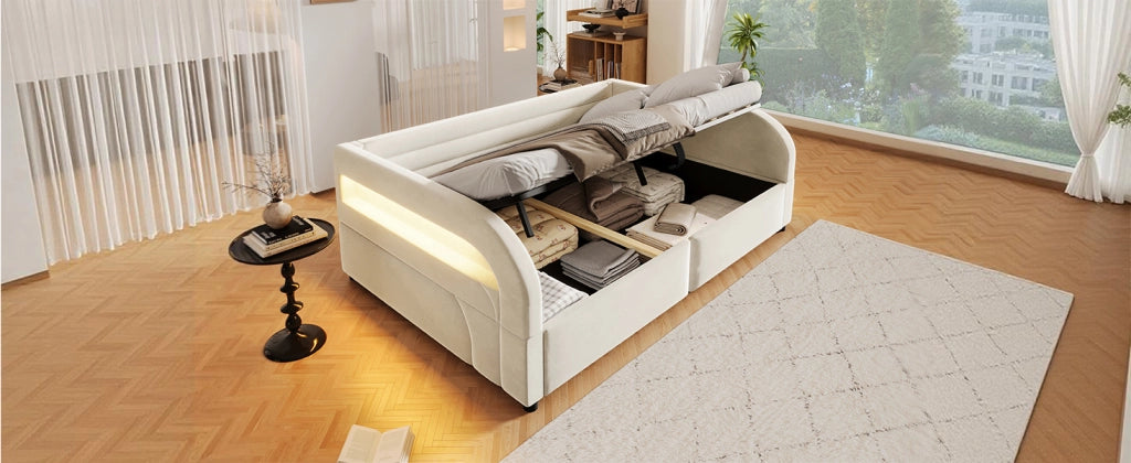 DESMIU Lit con contenitore 140 × 200 cm 2 posti con apertura idraulica, LED, senza materasso, in flanella, beige