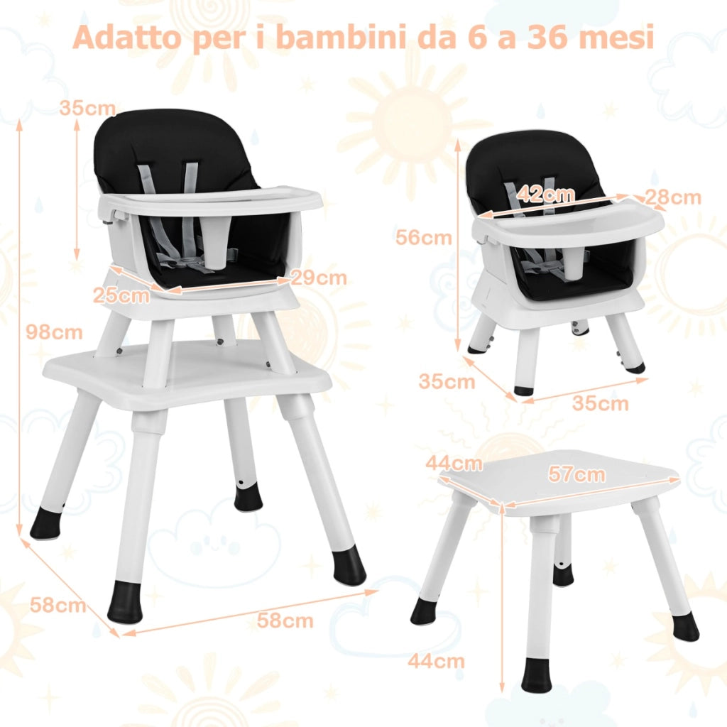 Seggiolone per neonati con imbracatura a 5 punti cuscino rimovibile, Seggiolone per bambini convertibile Nero