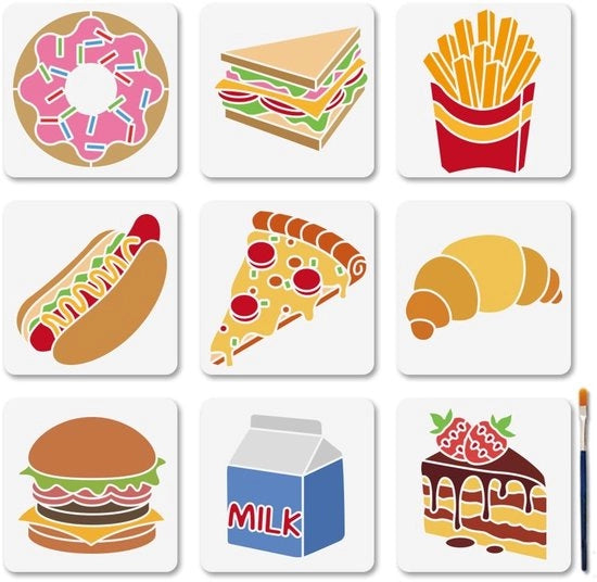 Set di stencil per dipinti 9 pezzi - Stencil - Stencil per adulti - Stencil per dipinti - Stencil per lettere - Incluso pennello 15 x 15 cm