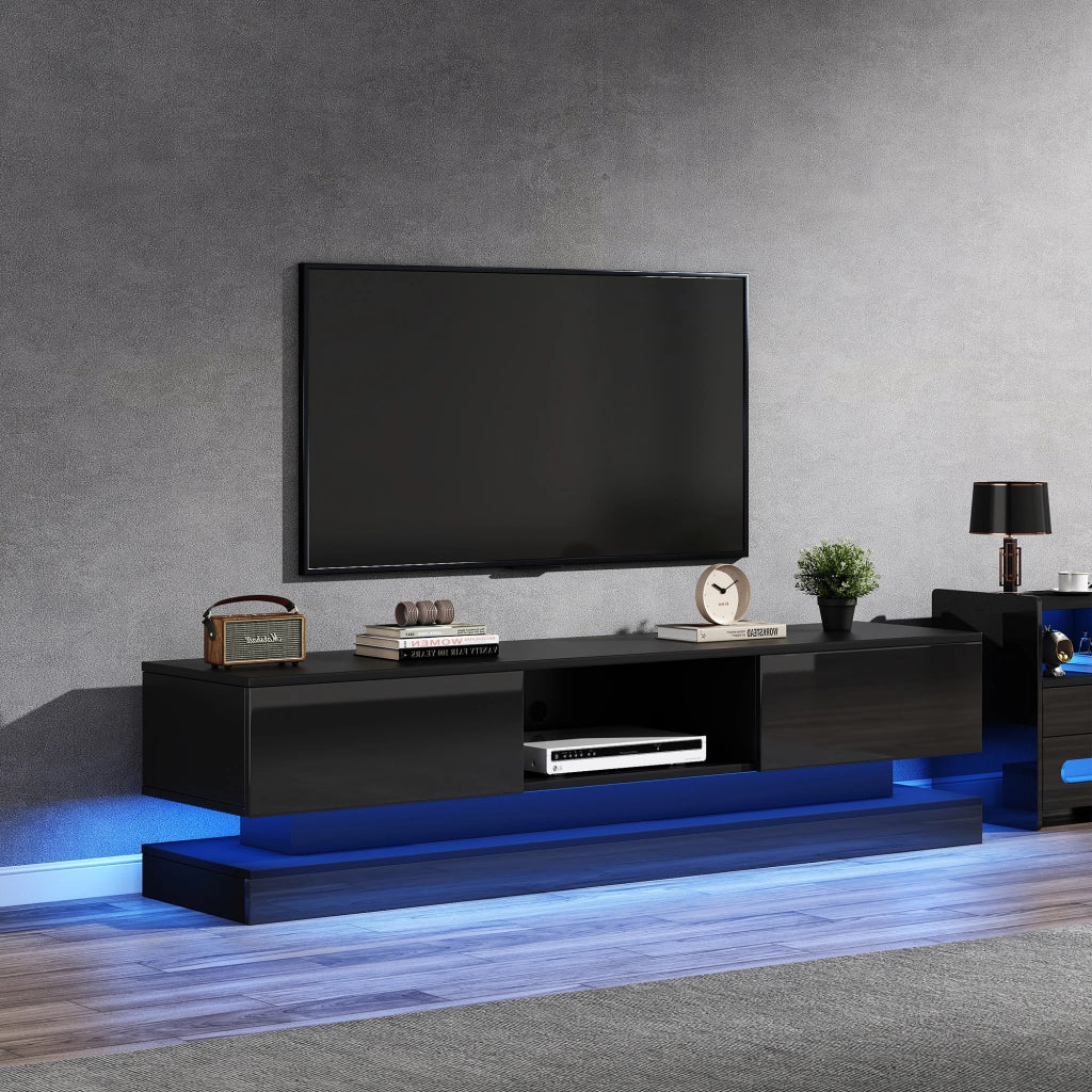 Mobile porta TV nero lucido con LED da app, 2 cassetti, passacavi e design anti-ribaltamento 160 × 35 × 40,5 cm