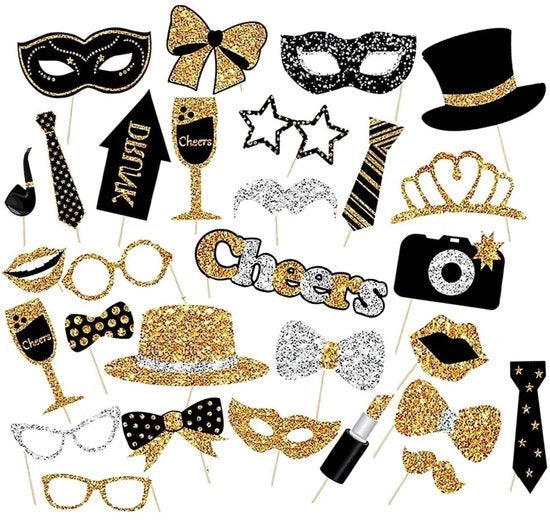 Set di accessori per fotografia 30 pezzi - Accessori per festa per matrimoni/carnaval - Accessori divertenti per box fotografica - Materiale di alta qualità in cartone - Inclusi bastoncini di bambù/etichette adesive