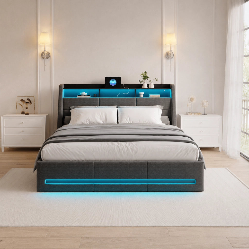 Letto matrimoniale con contenitore idraulico 140×200 cm, tessuto grigio, effetto sospeso LED RGB, testiera con vani, ricarica USB e USB‑C