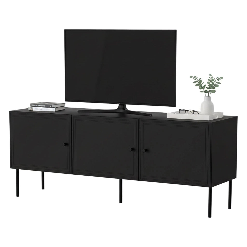 Mobile porta TV Sarzana, Madia da salotto con tre ante battenti, Rialzato da terra, 151x40 h60 cm, Nero