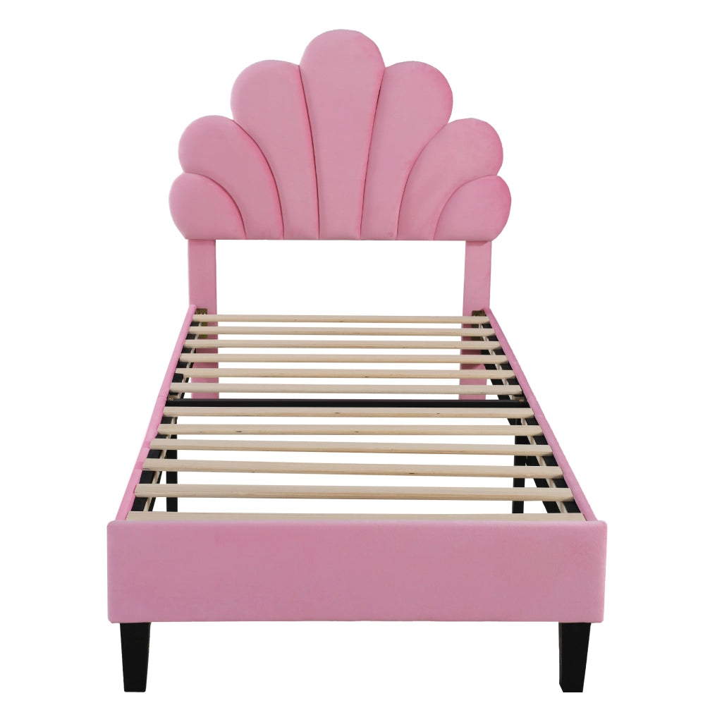 Upholstered Kids Bed;90x200 cm;flower-shaped headboard;velvet;pink