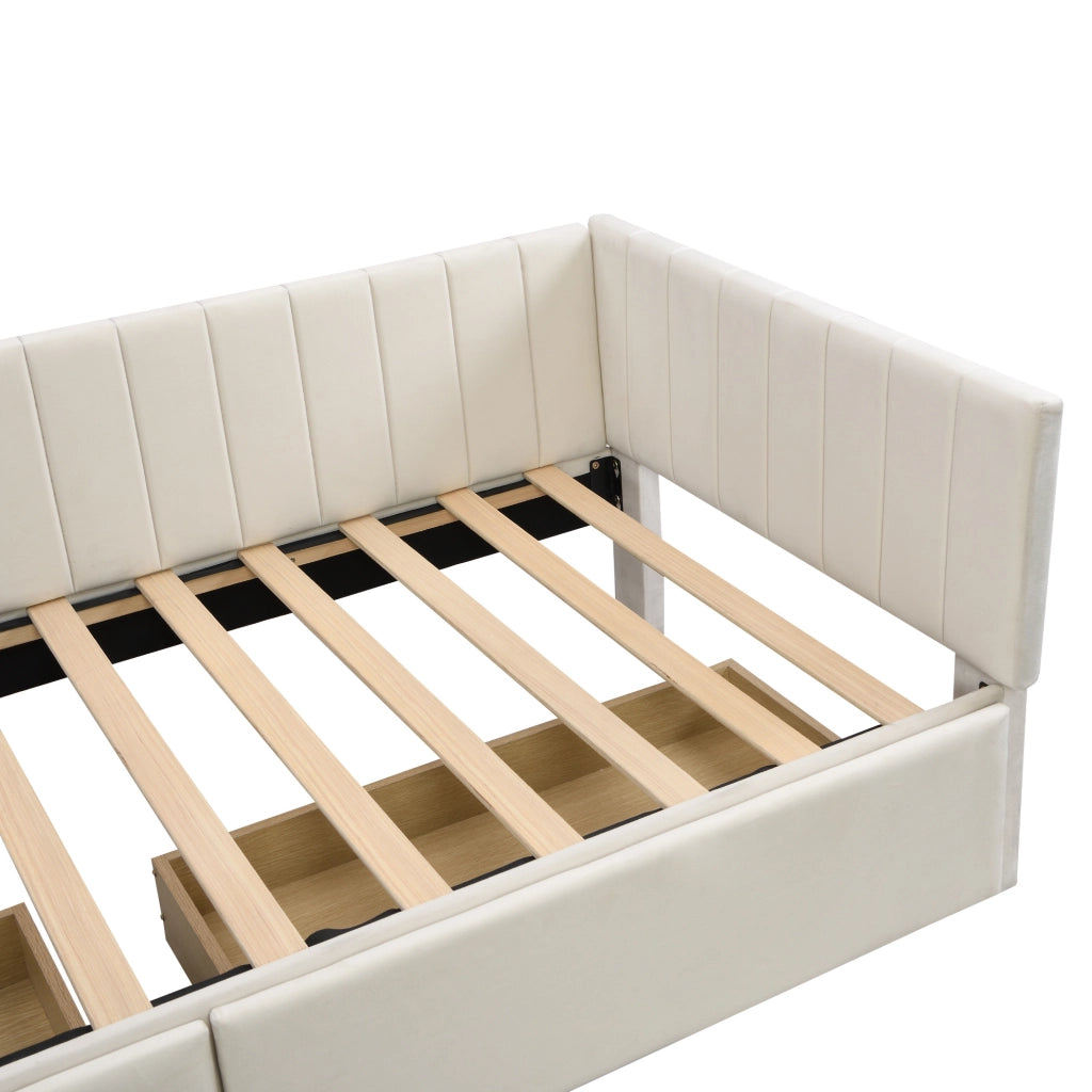 Letto imbottito 90x200 cm con 2 cassetti e rete a doghe beige