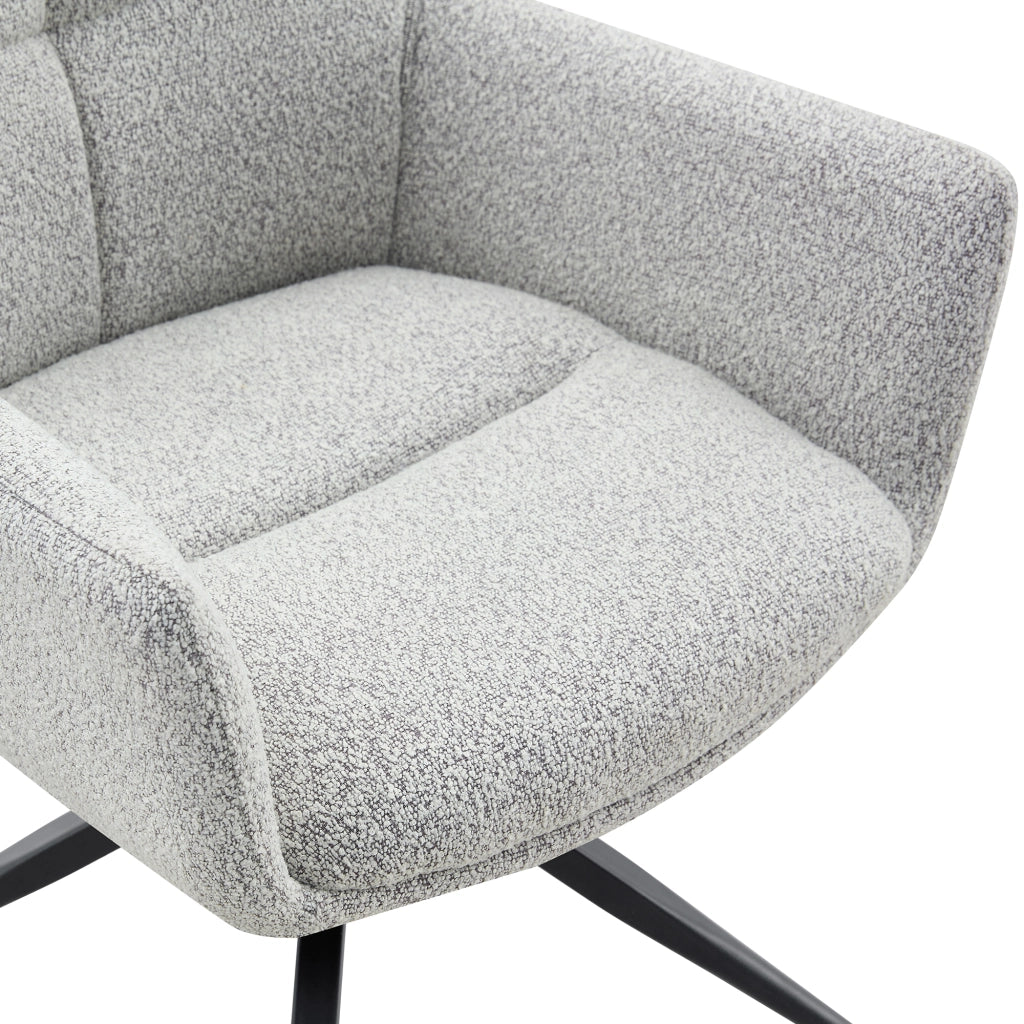 Chaise da pranzo girevole a 360° con braccioli e imbottitura in schiuma, in tessuto grigio chiaro e metallo nero
