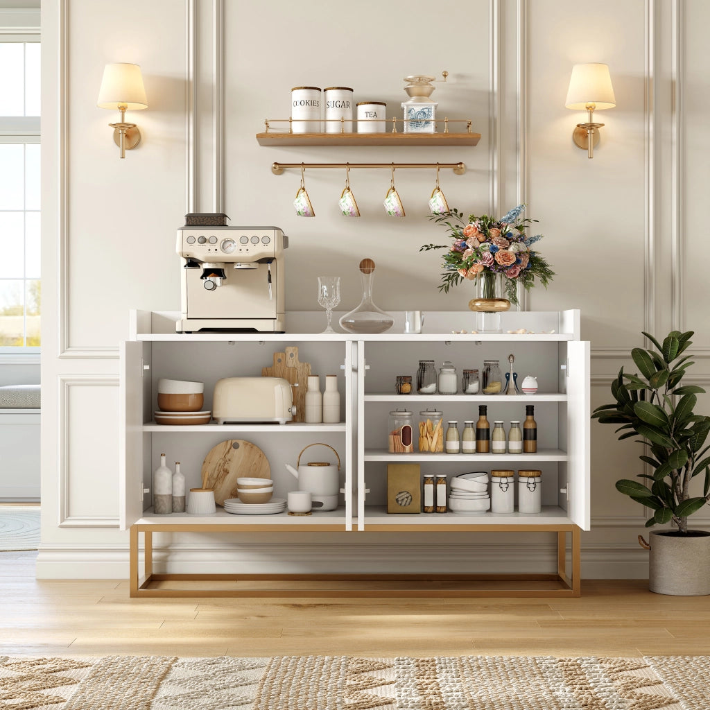 Credenza buffet 120cm bianca, mobile soggiorno pannello di particelle con base metallo oro, 4 ante push‑to‑open, ripiani regolabili per sala da pranzo ingresso