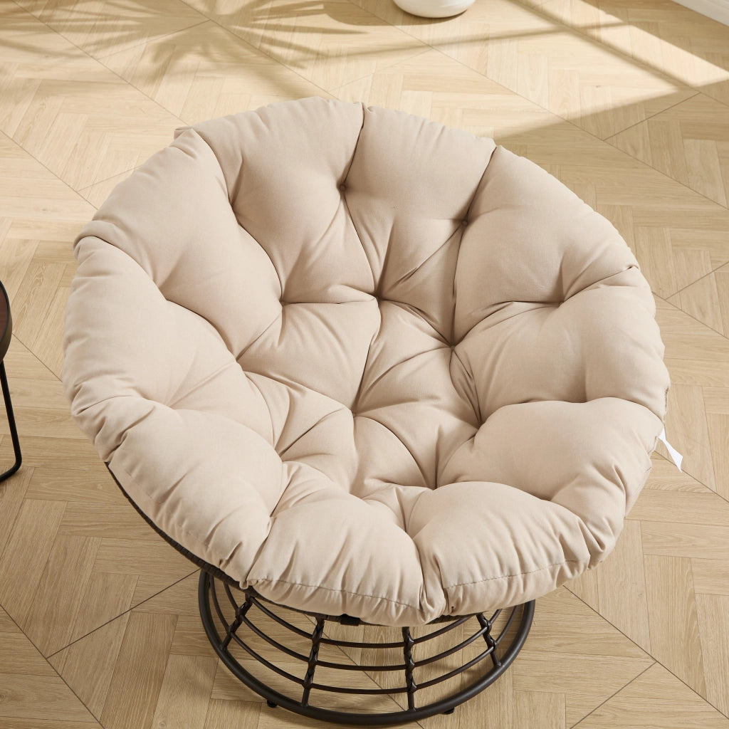 Chaise ergonomique confortable en osier papasan chaise int¨¦rieure ext¨¦rieure pivotante ¨¤ 360¡ã avec coussin ¨¦pais et doux id¨¦ale pour le salon la chambre la salle de lecture cadre marron avec coussin beige