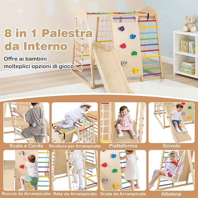 8 in 1 Set da Arrampicata per Bambini, Palestra in Legno da Interno con Sbarre Scivolo Altalena Scala in Corda e Roccia/Rete da Arrampicata, per Bambini 3 Anni+ (Colorato)