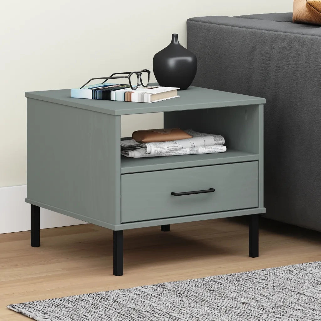 Comodino con Gambe in Metallo-Tavolino da notte Grigio Legno Massello Pino OSLO