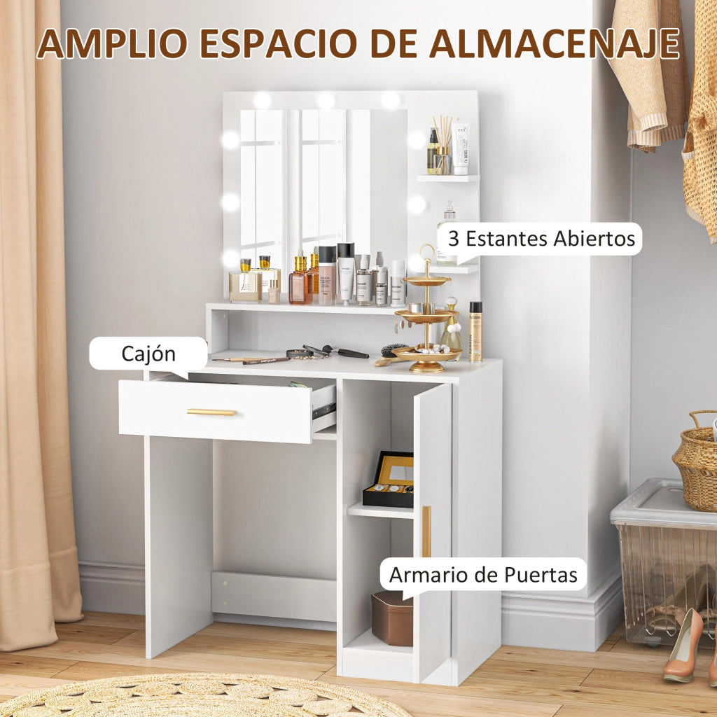 Cassettiera con specchio LED e sgabello ¨C Xylo ¨C bianco con cassetti e ripiani
