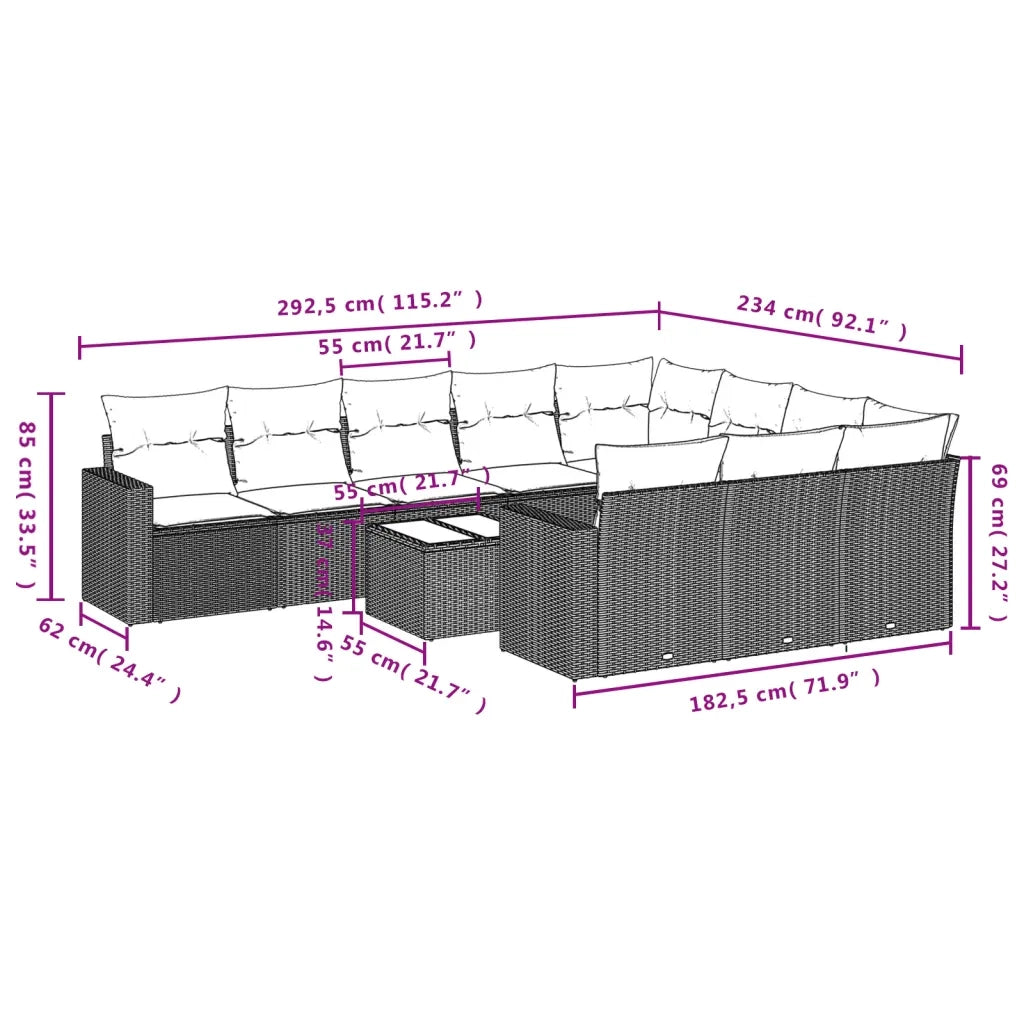 Set Divani da Giardino 11 pz con Cuscini in Polyrattan Nero 3251832