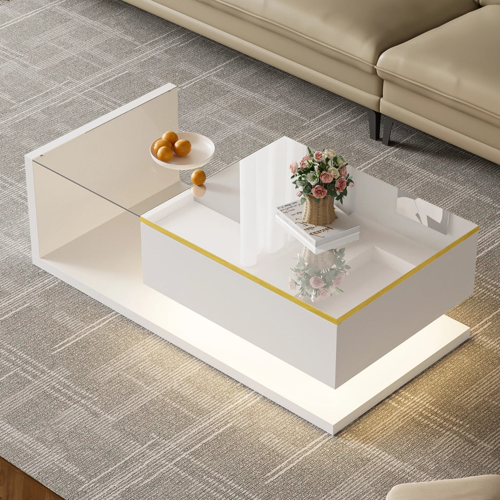 Tavolino da salotto 100 cm - Zephmum - Bianco lucido con vetro ed effetto LED