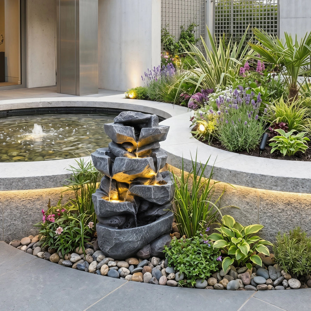 Fontana da giardino a 5 Livelli con effetto di pietra a forma di roccia, Fontanella elettrica in resina con luci e flusso d'acqua regolabile