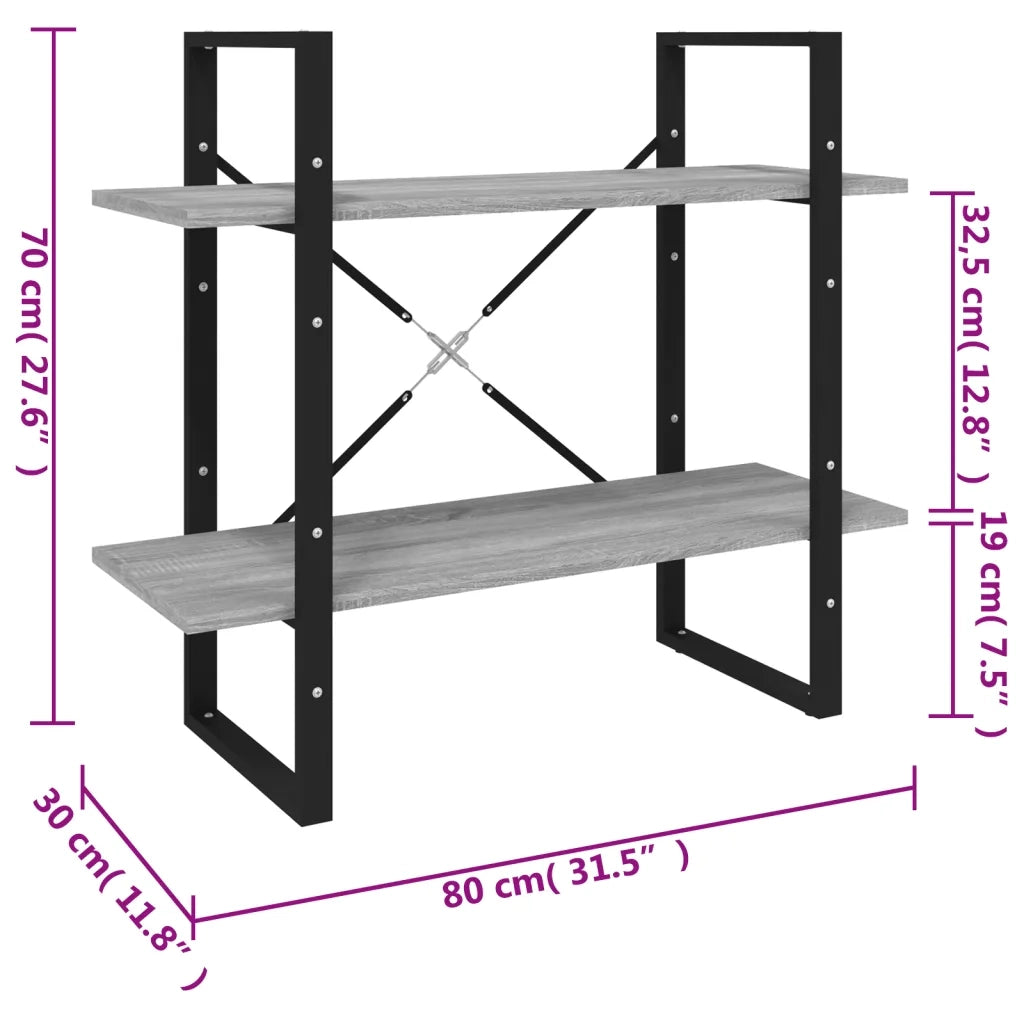Libreria a 2 Ripiani-Scaffale per Libri-Mobile di Stoccaggio Grigio Sonoma 80x30x70cm Legno Multistrato