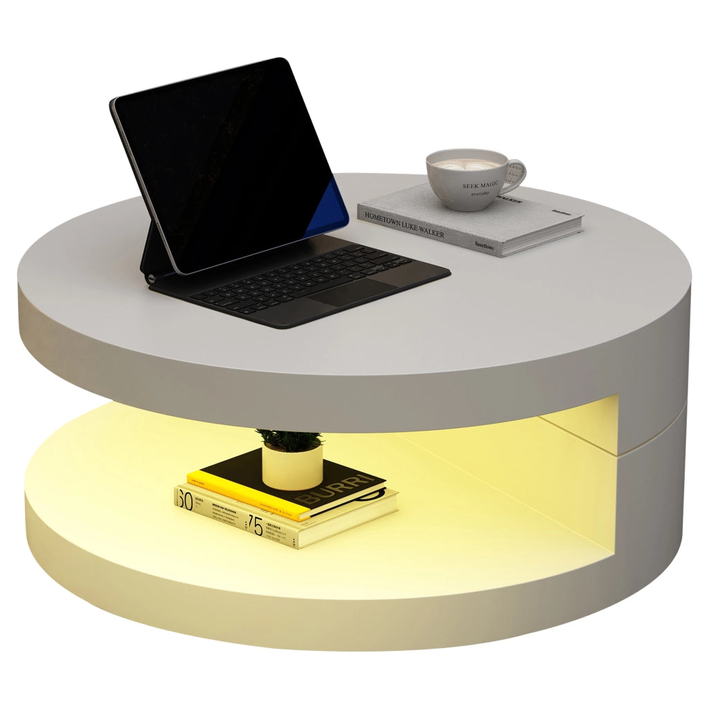 Tavolino da caffè rotondo 70x70x35,5 cm girevole a 360° con LED, struttura a doppio livello, MDF, bianco