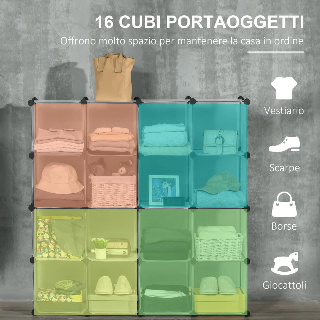 EasyComfort Mobile Scarpiera Modulare Salvaspazio, 16 Cubi 30x30x30 cm in Acciaio e PP, 125x32x125 cm, Trasparente