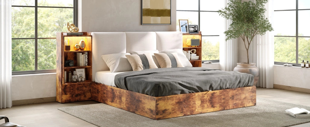 DESMIU Lit coffre 180 × 200 cm 2 posti con LED, 6 vani, testiera imbottita, senza materasso, marrone