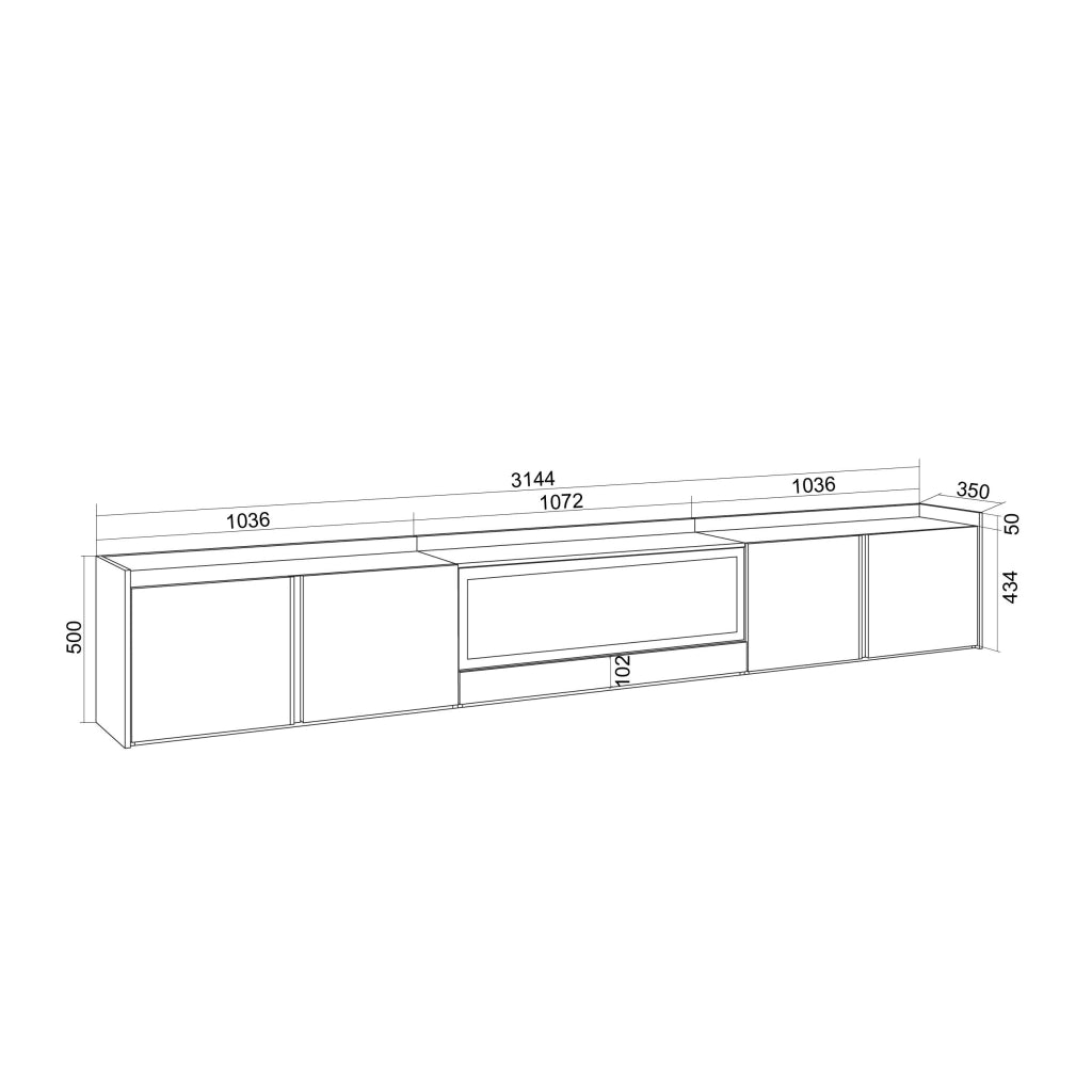 Mobile TV Soggiorno, 315x50x35 cm, Per TV fino a 80", Camino elettrico XXL, Sospeso, da appendere, Rovere e nero