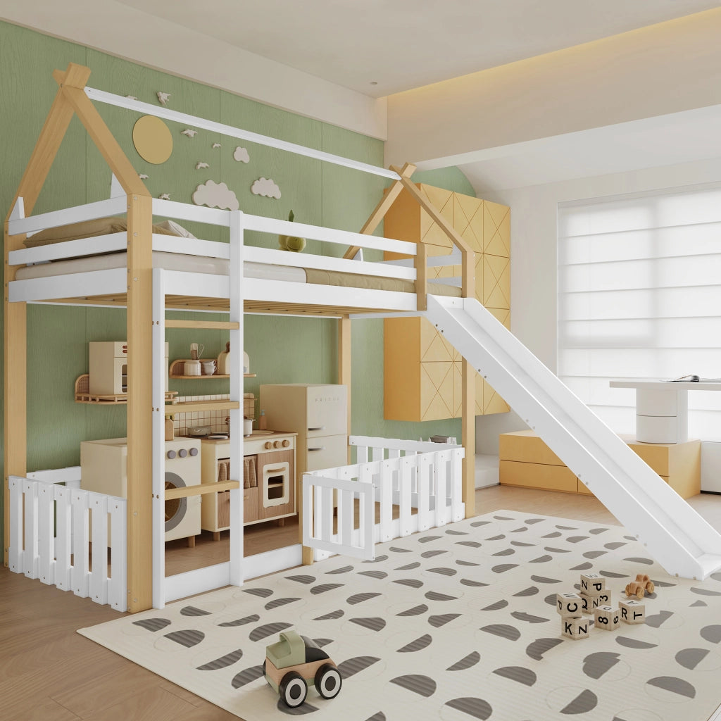 Letto a castello bambino 90×200 cm con scivolo; tetto e spazio libero; senza materasso; bianco naturale