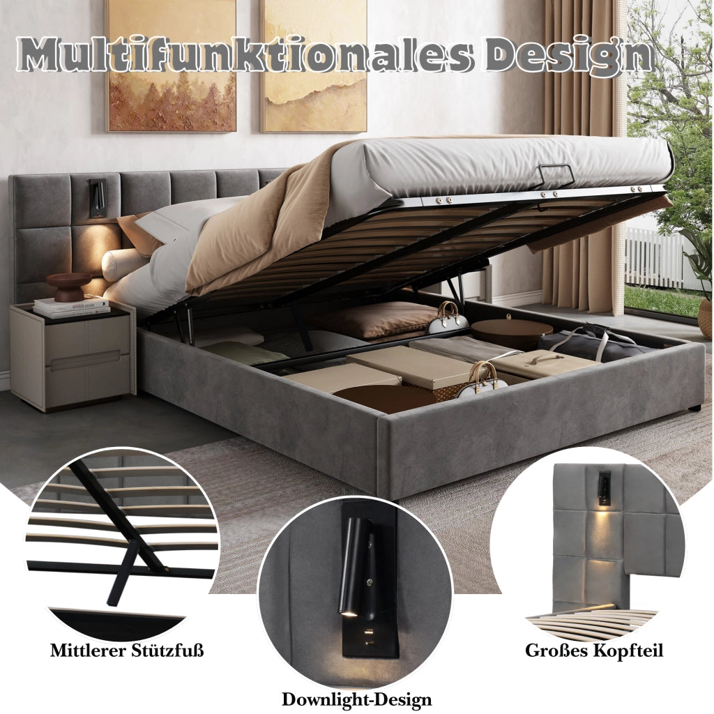 OKWISH Letto Contenitore 180×200 cm, Letto Matrimoniale con Contenitore, Lampada da Lettura Regolabile e USB, senza Materasso, Acciaio, Grigio