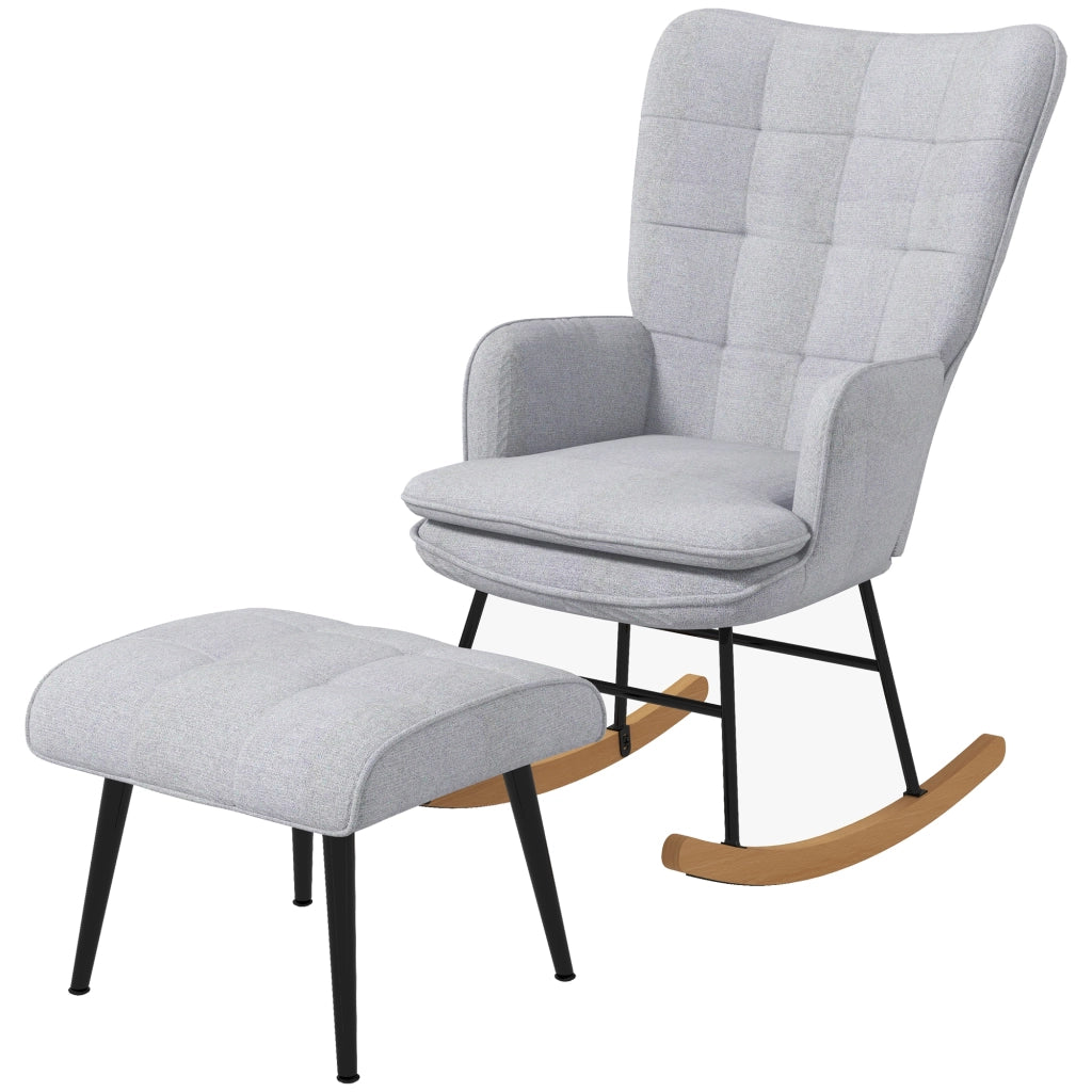 Poltrona Dondolo con Pouf ¨C Minimal ¨C Grigio, Legno, Tessuto, 64x89x90 cm