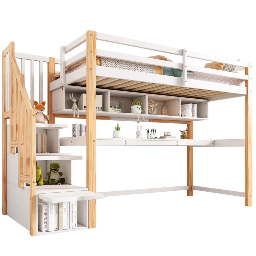 LETTO A SOPPALCO per bambini 90x200 cm con scrivania e scala contenitore bianco e rovere
