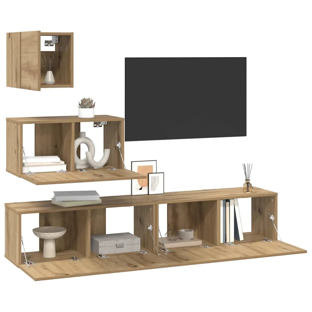 Set mobile TV 4 pz | Armadietto TV | Mobile Porta TV Rovere artigianale Legno multistrato