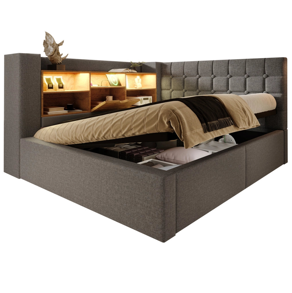 Letto imbottito 140x190 cm con LED, contenitore idraulico e testiera L reversibile