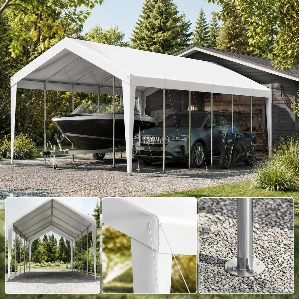 Posto Auto Coperto Esterno; Riparo per Auto 3;05 x 6;09 x 2;87 m; Tettoia Potabile con Pareti Laterali e Porta Rimovibili; Bianco