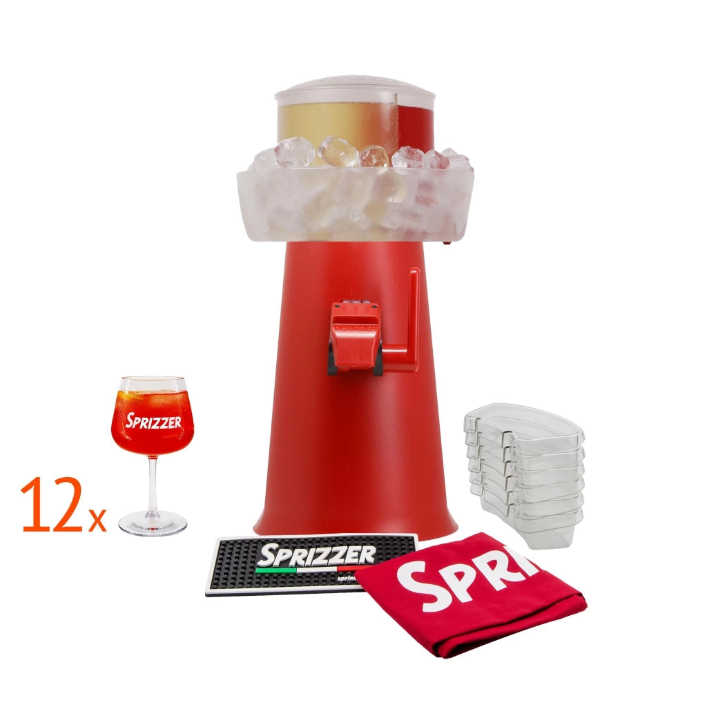 SPRIZZER Kit Completo Sprizzer Rosso in Plastica con Macchina Sprizzer 12 Bicchieri Sacca 6 Vaschette Aperibox e Tappetino – Set Aperitivo Pratico e Funzionale SPRIZZER-ROSSO-KIT-COMPLETO